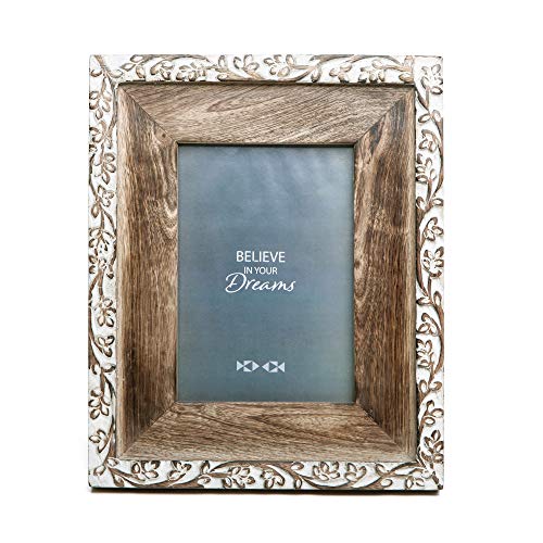 NIKKY-HOME-Hand-Carved-Floral-Picture-Frame-5x7-Rustic-Boho-Style-Mango-Wood-Design-with-White-Distressed-Finish-Dark-Wood-Color NIKKY HOME Hand Carved Floral Picture Frame 5×7 Rustic Boho Style Mango Wood Design with White Distressed Finish Dark Wood Color