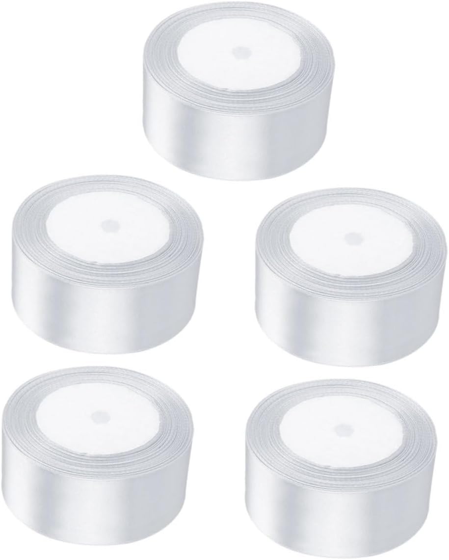 Wakauto 5pcs White Satin Ribbon for Wrapping and DIY Decorations, Grosgrain Decorative Ribbon Set for Birthday, Floral Bouquets, Party Embellishments, Crafting and Holiday Present Wrap
