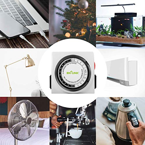 Bn-Link Heavy Duty Mechanical 24 Hour Timer Dual Outlet 3-Prong Accurate Indoor For Lamps Fans Christmas Lights White Ac 1875W 1/2 Hp, Ul Listed #TOP5