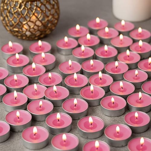 Image of Unscented Tea Light Candles | Soy Wax Blend Long-Lasting with Cotton Wick | Perfect for Home Decor, Parties, Weddings, and More | Set of 100 (Pink)