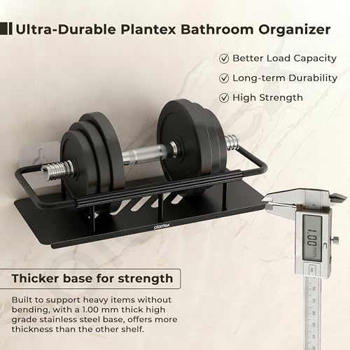 Image of Plantex Self Adhesive Bathroom Shelf /Stainless Steel Bathroom Shelf Rack /Wall Shelf for Bathroom /Bathroom Organiser Without Drill /Bathroom Accessories Set- Pack of 1 (12x5 inches, Black)