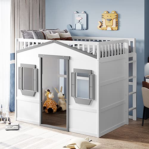 Harper & Bright Designs House Loft Bed Full Size Kids Playhouse Bed, Solid Wood Loft Bed Frame with Window and Ladder, for Girls Boys (Full Size, White+Gray)