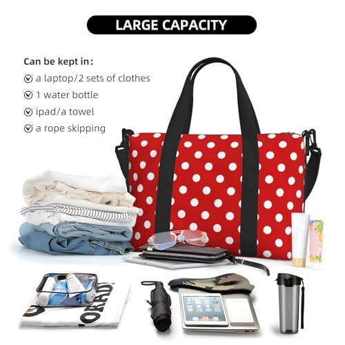 Red Vintage Polka Dots Print Travel Duffle Bags for Women, Personal Item Overnight Weekender Sport Carry On Gym Bag for Men Women4