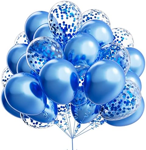 Kelfara Metallic Blue Balloons 60Pcs 12 inch Metallic Blue and Confetti Latex Balloon Bulk for Birthday Party Bridal Shower Wedding Engagement Anniversary Prom Decorations with Blue Ribbon