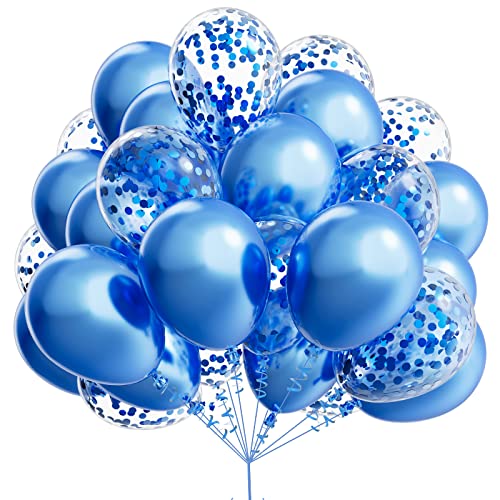 Kelfara Metallic Blue Balloons 60Pcs 12 Inch Metallic Blue And Confetti Latex Balloon Bulk For Birthday Party Bridal Shower Wedding Engagement Anniversary Prom Decorations With Blue Ribbon #TOP15
