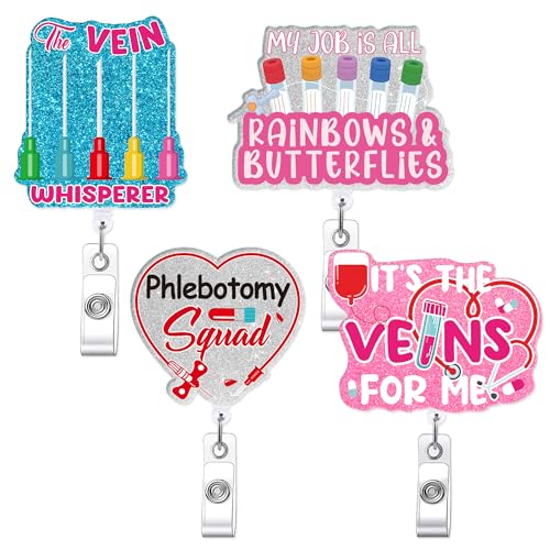 6 Pcs Phlebotomy Badge Reels, Retractable Funny Pink Glitter ID Badge Holder with Metal Clip, Phlebotomy Essentials and Phlebotomist Gifts