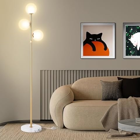 Vallerico 3-Globe Mid Century Modern Floor Lamp for Living Room, Adjustable Height Standing Lamp with Marble Base, Gold Brass Tall Lamp with Frosted Glass Shades, Pole Lamp for Bedroom, Bulbs Included Cover