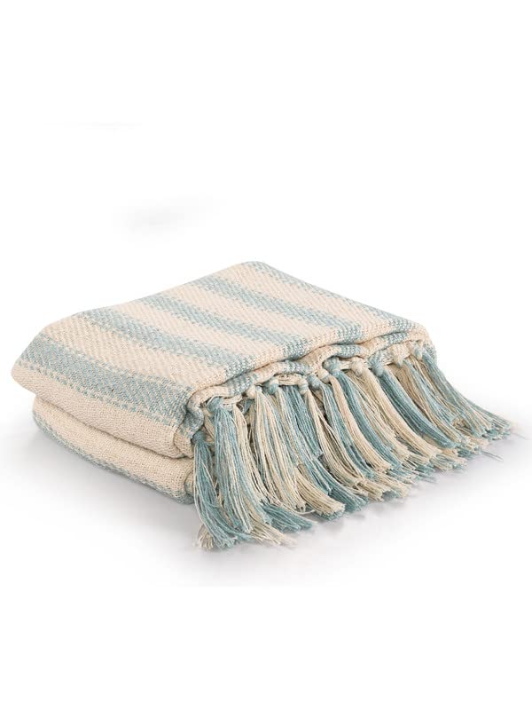 SASHAA WORLD Striped Sofa Throw Medium with Tasselled Edges (Ice Blue Striped, 180 x130 cm)