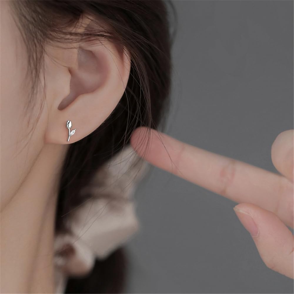 Silver Tulip Stud Earrings for Women 16G Small CZ Rhinestone Flower Flat Back Earrings Studs Conch Helix Cartilage Piercing Jewelry Dainty Ear Jewelry - Image 2