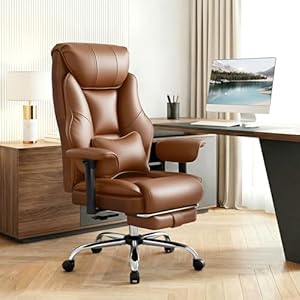 WOLTU Bürostuhl ergonomisch, Chefsessel mit Doppellagige weiche Rückenlehne, 3-stufige Rückenlehnenverstellung, mit Lendenwirbelstütze, Fußstütze, für Büro, Besprechungsraum, PU, Braun