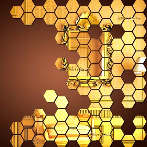 Image of Bikri Kendra - 30 Hexagon Gold Mirror Stickers for Wall, Hexagon Mirror, Acrylic Hexagonal, Wall Sticker for Hall Room, Bedroom, Living Room (Gold30, 12 x 10.4)