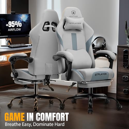 Image of GTPLAYER Gaming Chair with Foot Rest & Pocket Spring Cushion, Breathable Fabric for Home Office Desk, Ergonomic High Back Computer Chair with Headrest & Lumbar Support, Blue /Gray