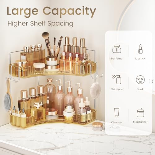 Image of Golden Corner Counter Organizer, 2 - Tier Bathroom & Kitchen Storage Tray with Hooks | PET Vanity Organizer for Skincare, Makeup & Jewelry