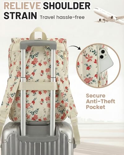 Image of Corduroy Laptop Backpack for Women, Fits 15.6 Inch Computer Bag, College High School Bookbag Travel Daypack Purse, Work Business Bags - Beige Corduroy Flowers Pink