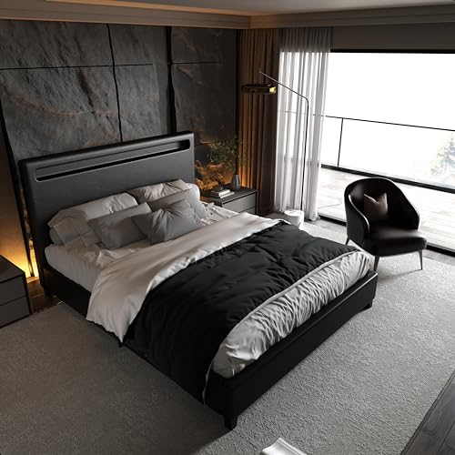 GOWE Estrutura de cama de plataforma estofada de couro sintético Queen Size com iluminação LED, supo