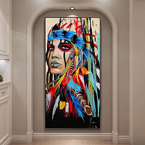 Affiches d'art mural plumes colorées femme indienne peintures sur toile
