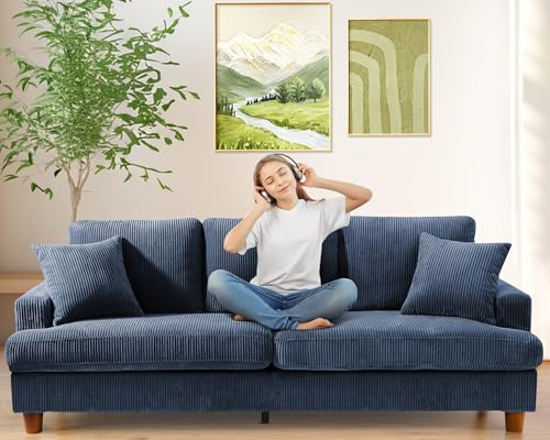 Kidirect 87" Corduroy Couch - 21" Deep Seat Comfortable Support, 15-Min Tool-Free Assembly, 850LB Sturdy Blue Couch for Small Apartment & Living Room, Soft Fabric with 2 Pillows