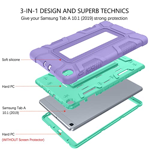 Guagua Compatible With Samsung Galaxy Tab A 10.1 2019 Case Sm-T510 T515 Kickstand 3 In 1 Heavy Duty Rugged Bumper Shockproof Protective Anti-Scratch Case For Galaxy Tab A 10.1 2019, Purple/Green #TOP1