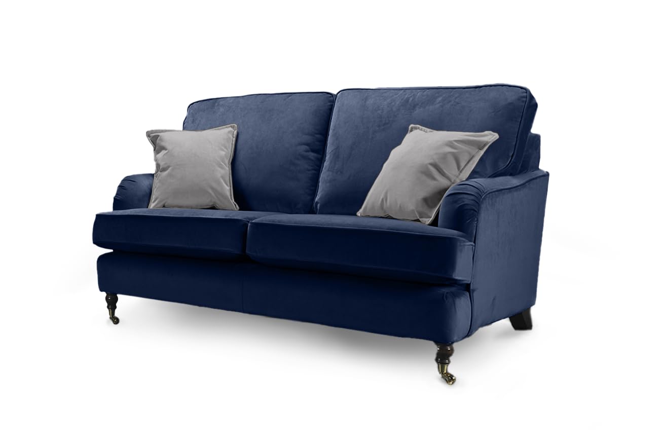 Elegant Navy 2 Seater Sofa for Living Room – Plush Velvet Loveseat with Antique Brass Castors, High Back and Comfortable Cushions, Navy Sofa with Solid Wood Frame - ASTBURY
