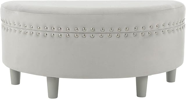Hodge and Hodge Half Circle Storage Ottoman Plush Velvet Padded Seat Silver Stud Wooden Legs - Silver