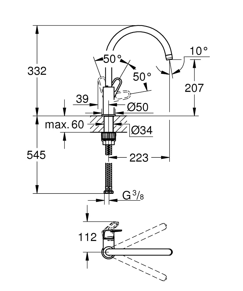 Grohe Start Flow Quickfix - Grifo de cocina, caño alto en C, función de control del consumo de agua, cromo, ref. 31555001