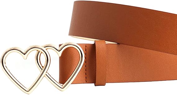 Heart Belt Women PU Leather Belts with Double Heart Ring Metal 