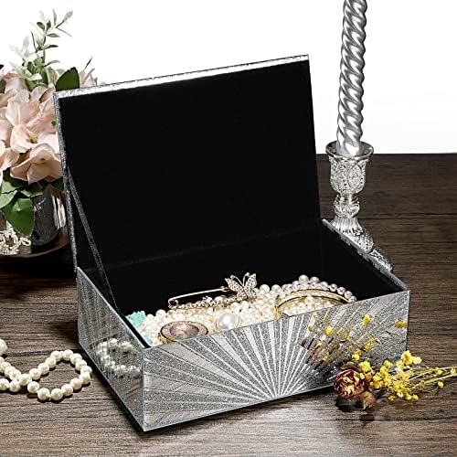 IGNPION Glass Mirrored Jewelry Box Crushed Diamonds Sun Rays Modern Silver Trinket Storage Box Earrings Rings Jewelry Keepsake Display Case Birthday, Wedding, Mothers Days Gifts
