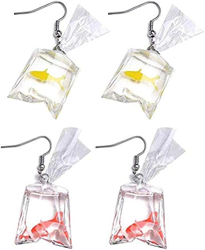 2 Pairs Funny Goldfish Earrings,Water Bag Shaped Dangle Hook Earrings Charm Jewelry Gift Earrings for Women(One Red One Yellow)