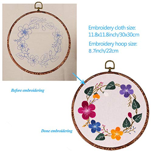 Full Range of Embroidery Starter Kit with Pattern, Kissbuty Cross Stitch Kit Including Stamped Embroidery Cloth with Pattern, Imitation Wood Embroidery Hoop, Color Threads and Tools Kit (Floral Hoop)