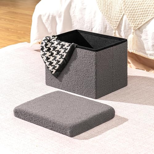 Pouf Cube Velours Gris Pliable avec Rangement Bailey