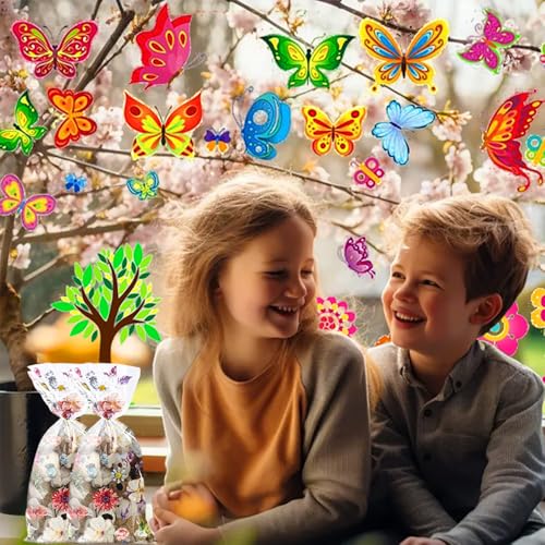 100 Stück Geschenktüten 4 Designs Wellophantüten Blumen mit 100 Bindebändern Transparent Geschenktüten für Frühlingspartys Geburtstage Hochzeiten