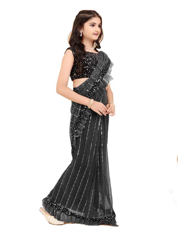 Image of Kids Supernet Tikli Work Ready to Wear Saree with Unstitched Blouse Piece | Traditional Ethnic Saree for Girls | Pre Stitched Festive Dress for School Function, Cultural Events & Wedding