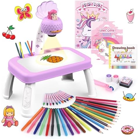 Drawing Projector for Kids,Arts and Crafts for Kids,Include Drawing Board,Crayons,Coloring Book,Stickers etc,Kids Toys for Age 3-5 Year Old Girls Christmas & Birthday Gifts (Mermaid Drawing Kit) Cover