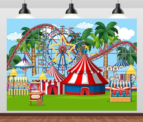 CORFOTO 7x5ft Fabric Cartoon Amusement Park Backdrop Ferris Wheel Roller Coaster Carousels Circus Photo Background for Birthday Carnival Themed Party Decor Photo Booth Studio Props