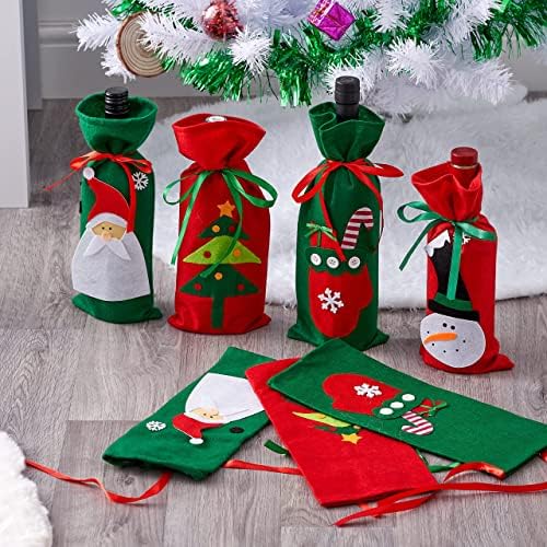 The Twiddlers - 10 Christmas Wine Bottle Gift Bag Covers - 5 Different Designs, Reusable Drawstring Xmas Bags for Party & Decorations