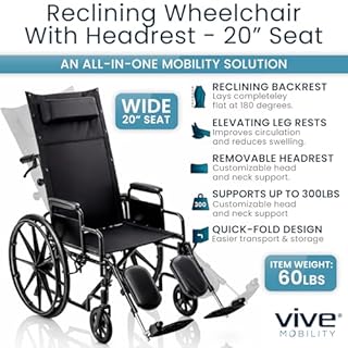Vive Mobility Reclining Wheelchair with Elevating Leg Rests - Heavy Duty Recliner Wheel Chair for Seniors & Adults - Wide 20" Seat, up to 300lbs - High Back, Leg & Head Support - Comfortable Headrest