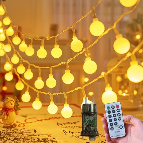 Molicar Kugeln Lichterkette Strom 10M mit 5 m Zuleitung, IP44 Outdoor Lichterketten für Innen & Außen, Kugel Lichterkette mit Fernbedienung, Timer und 8 Modi, Warmweiß