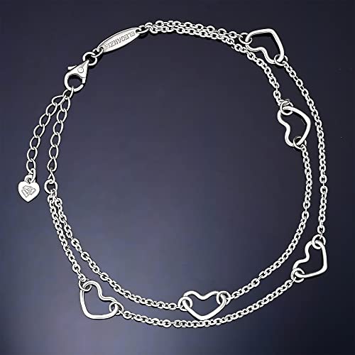 Eleganzia Heart Anklet For Women Sterling Silver, Minimalist Love Charm Ankle Bracelets For Girls, Adjustable Layered Heart Foot Chain Silver #TOP5