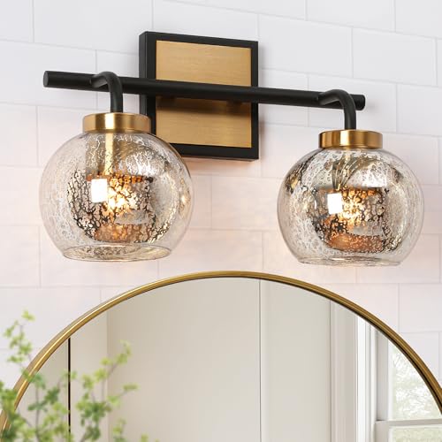KSANA Black Gold Vanity Light, Modern Bathroom Light Fixture with Mercury Glass Shade, Brass 2-Light Globe Wall Sconce Over Mirror