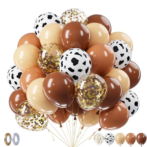 Image of Brown Western Balloons - 52pcs 12 Inch Coffee Light Brown Tan Nude Gold Confetti Cow Print Latex Balloons for Boy Cowboy Western Decor Birthday Farm Country Baby Shower Party Decorations