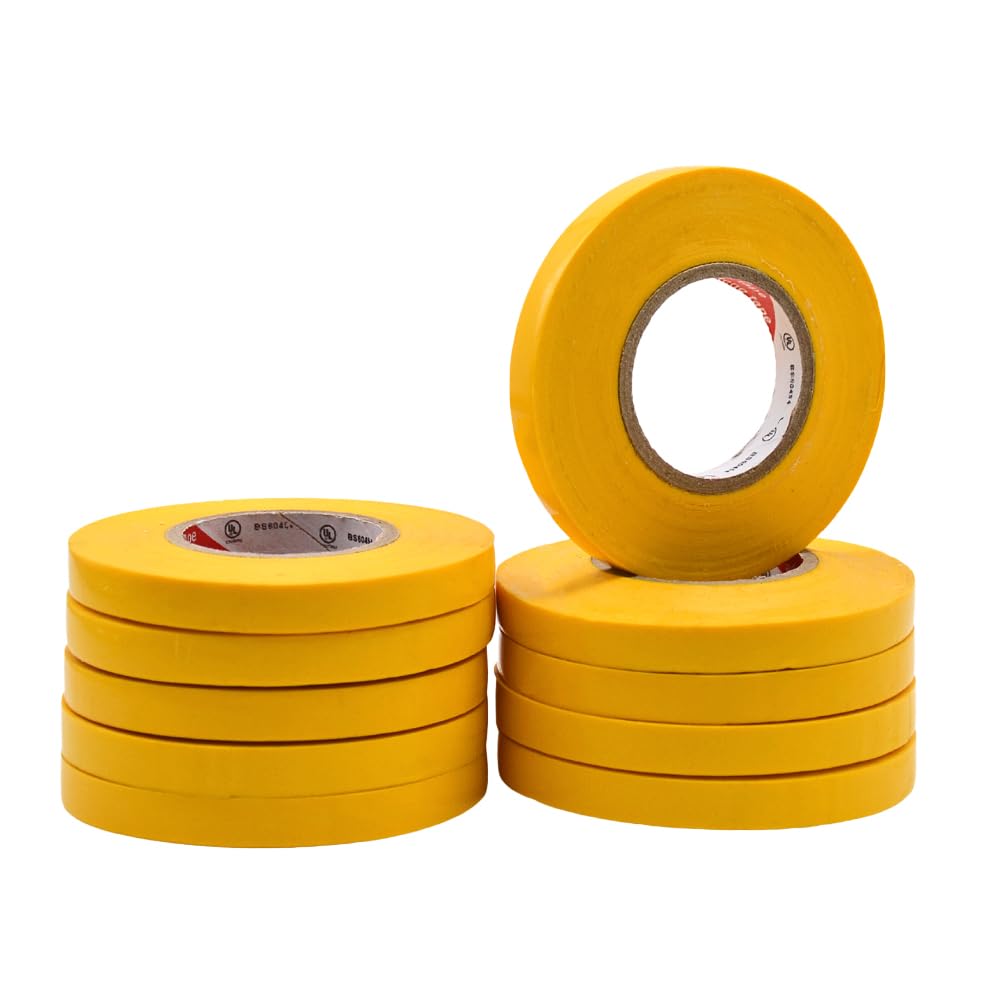 MAT Professional Grade Thin Electrical Tape Yellow - 3/8 inch x 66 ft. UL/CSA listed core (Pack of 10) - Waterproof, Flame Retardant, & Strong Rubber