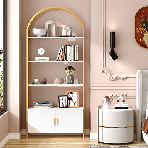 Jehiatek Gold Bookshelf, Arched Bookcase With Doors Storage, 71" Tall Industrial Book Shelf With Sturdy Metal Frame, E1 Quality Boards, Freestanding Display Shelving Unit, White And Gold #TOP4