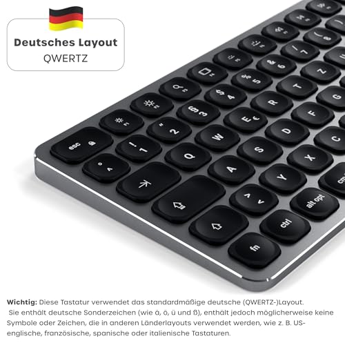 SATECHI Kabellose Bluetooth Tastatur QWERTZ DE, Beleuchtet, Grau | Deutsches Layout, Multi-Device, wiederaufladbar, beleuchtete Tasten, für MacBook, Windows und mehr