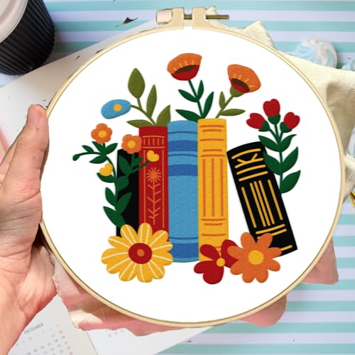 Image of BEUNITONE Flower Embroidery Kit for Beginners 4 Pack Embroidery Starter Kit for Adult Cat Plant Books Pattern Stamped Cross Stitch Set with Instructions Embroidery Hoops Easy for DIY Craft 7.9''
