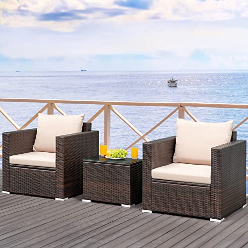 COSTWAY 3-Piece Patio Furniture Set, Outdoor Wicker Rattan Sofa with Cushions and Coffee Table with Tempered Glass, Modern Conversation Chair Set for Poolside Backyard Balcony Lawn (Beige) - Thumbnail 5