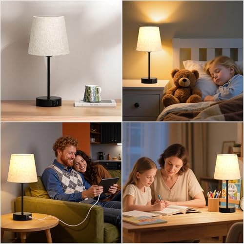 PreeOtti Nachttischlampe Touch Dimmbar 2er Set, Tischlampe mit Ladefunktion USB A+C-Anschlüssen 2 LED Birnen, Leinen-Lampenschirm, Kleine Lampe für Schlafzimmer Wohnzimmer Babyzimmer Büro