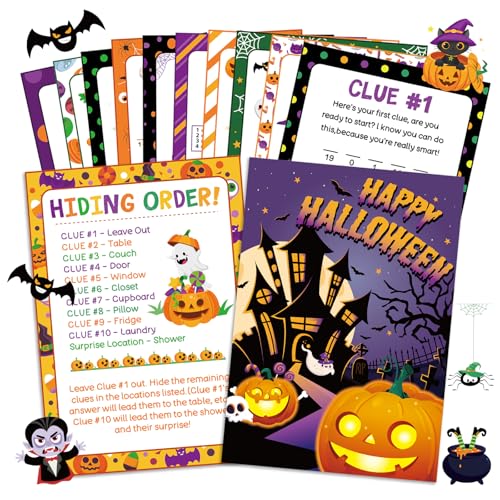 HOWAF Halloween Party Games for Kids, 10 PCS Treasure Hunt Clues Quiz Cards, Halloween Activities Kids Scavenger Hunt with Friends, Children, Family, 10 Games