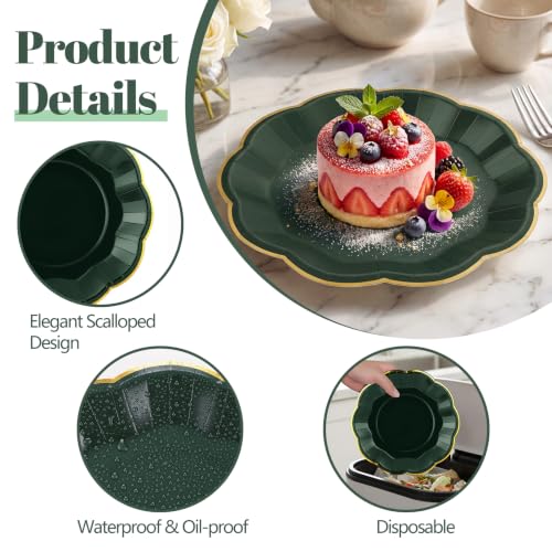 Image of 30 Pcs Green Plates with Gold Trim 9 Inch Scalloped Paper Dinner Plates