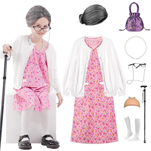 Aimeiar Déguisement pour fille 100 jours d'école, costume de vieille dame pour Halloween, perruque, cardigan, pull et grand-mère
