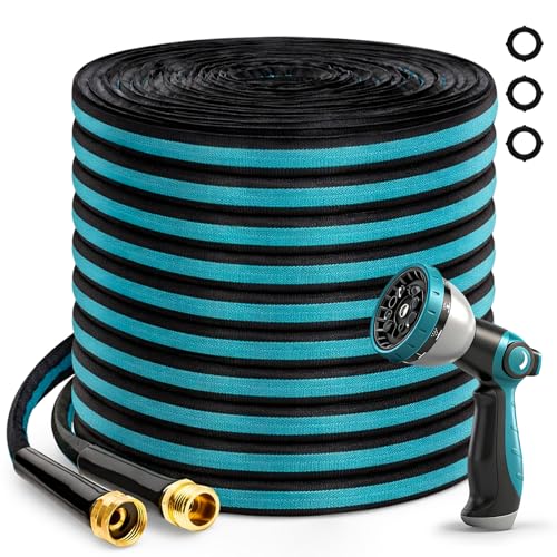 Svansea 50FT Garden Hose Kink-Free Non-Expandable Flexible Water Hose with 10-Pattern Spray Nozzle Lightweight Leakproof Flat Hose with 3/4 Solid Brass Connector for Yard Lawn & Outdoor Use